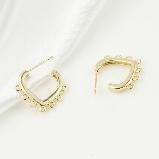 Imagen de Latón día de San Valentín Accesorios Para Pendientes Oro Real Chapado Corazón W/ Lazo 21mm x 18mm, Post/ Wire Size: (21 gauge), 2 Unidades