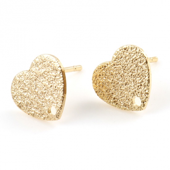 Imagen de Latón día de San Valentín Accesorios Para Pendientes Oro Real Chapado Corazón W/ Lazo 10mm x 9mm, Post/ Wire Size: (20 gauge), 4 Unidades