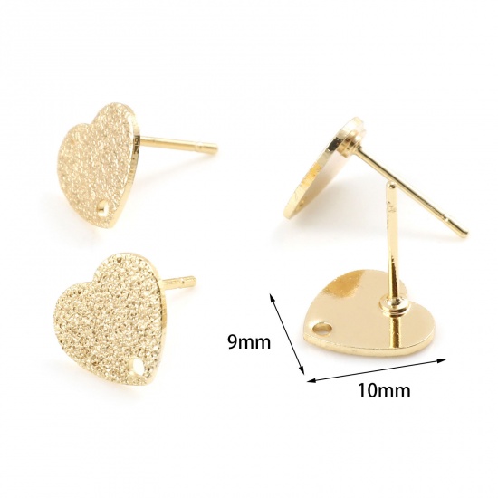 Imagen de Latón día de San Valentín Accesorios Para Pendientes Oro Real Chapado Corazón W/ Lazo 10mm x 9mm, Post/ Wire Size: (20 gauge), 4 Unidades