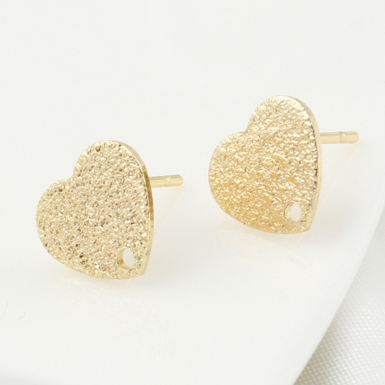 Imagen de Latón día de San Valentín Accesorios Para Pendientes Oro Real Chapado Corazón W/ Lazo 10mm x 9mm, Post/ Wire Size: (20 gauge), 4 Unidades