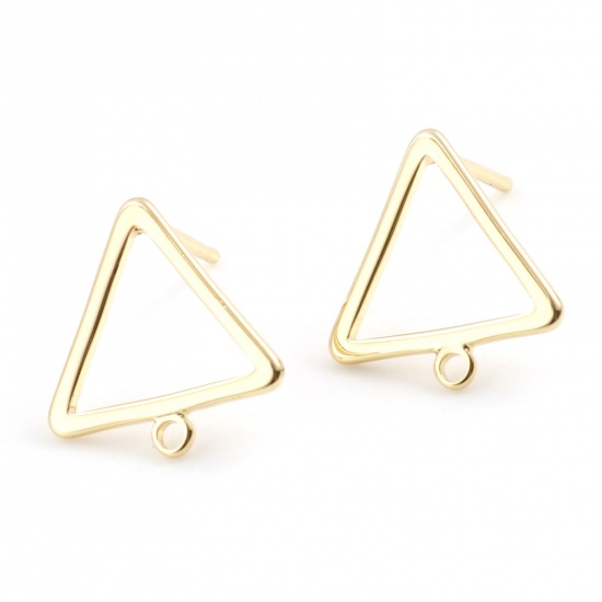 Picture of Brass Earring Accessories Real Gold Plated Triangle W/ Loop 12.5mm x 12mm, Post/ Wire Size: (21 gauge), 4 PCs