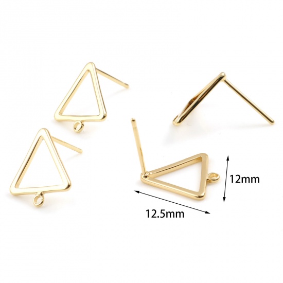 Picture of Brass Earring Accessories Real Gold Plated Triangle W/ Loop 12.5mm x 12mm, Post/ Wire Size: (21 gauge), 4 PCs