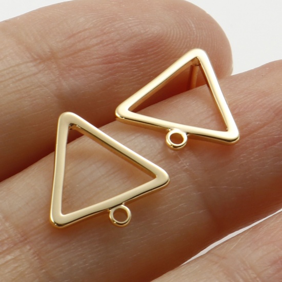 Picture of Brass Earring Accessories Real Gold Plated Triangle W/ Loop 12.5mm x 12mm, Post/ Wire Size: (21 gauge), 4 PCs