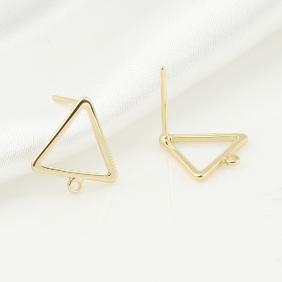 Picture of Brass Earring Accessories Real Gold Plated Triangle W/ Loop 12.5mm x 12mm, Post/ Wire Size: (21 gauge), 4 PCs