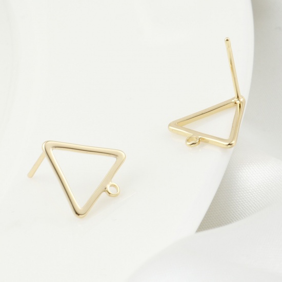 Picture of Brass Earring Accessories Real Gold Plated Triangle W/ Loop 12.5mm x 12mm, Post/ Wire Size: (21 gauge), 4 PCs