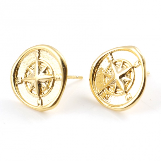 Picture of Brass Travel Earring Accessories Real Gold Plated Compass 13mm x 13mm, Post/ Wire Size: (21 gauge), 2 PCs
