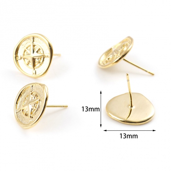Picture of Brass Travel Earring Accessories Real Gold Plated Compass 13mm x 13mm, Post/ Wire Size: (21 gauge), 2 PCs
