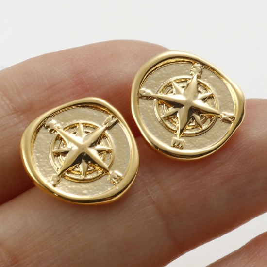Picture of Brass Travel Earring Accessories Real Gold Plated Compass 13mm x 13mm, Post/ Wire Size: (21 gauge), 2 PCs
