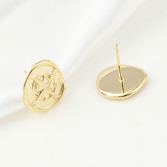 Picture of Brass Travel Earring Accessories Real Gold Plated Compass 13mm x 13mm, Post/ Wire Size: (21 gauge), 2 PCs