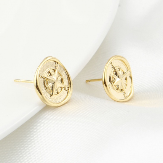 Picture of Brass Travel Earring Accessories Real Gold Plated Compass 13mm x 13mm, Post/ Wire Size: (21 gauge), 2 PCs