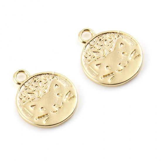 Picture of Brass Charms Round Real Gold Plated Cat Double Sided 15mm x 12mm, 5 PCs