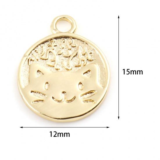 Picture of Brass Charms Round Real Gold Plated Cat Double Sided 15mm x 12mm, 5 PCs