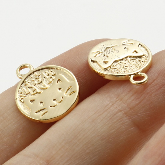 Picture of Brass Charms Round Real Gold Plated Cat Double Sided 15mm x 12mm, 5 PCs