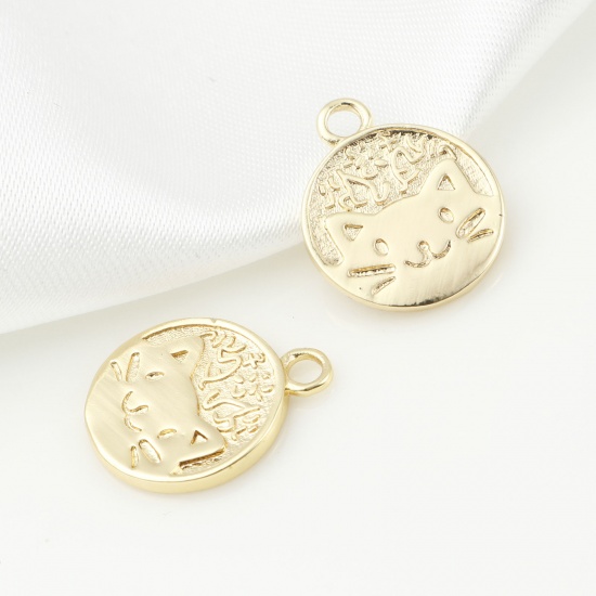 Picture of Brass Charms Round Real Gold Plated Cat Double Sided 15mm x 12mm, 5 PCs