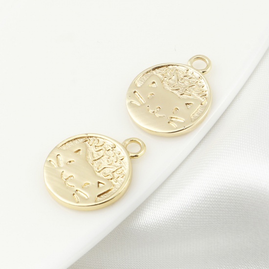 Picture of Brass Charms Round Real Gold Plated Cat Double Sided 15mm x 12mm, 5 PCs