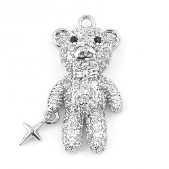 Picture of Brass Micro Pave Charms Bear Animal Real Platinum Plated Star Clear Cubic Zirconia 21mm x 11mm, 1 Piece