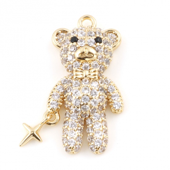 Picture of Brass Micro Pave Charms Bear Animal Real Gold Plated Star Clear Cubic Zirconia 21mm x 11mm, 1 Piece