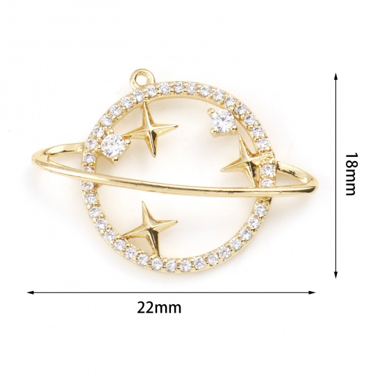 Imagen de Latón Micro Pave Colgantes Charms Estrella Oro Real Chapado Universo Planeta Claro Circón Artificial 22mm x 18mm, 1 Unidad