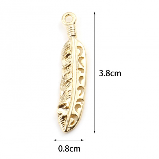 Immagine di Ottone Ciondoli Piuma Vero Oro Placcato Filigrana 3.8cm x 0.8cm, 3 Pz