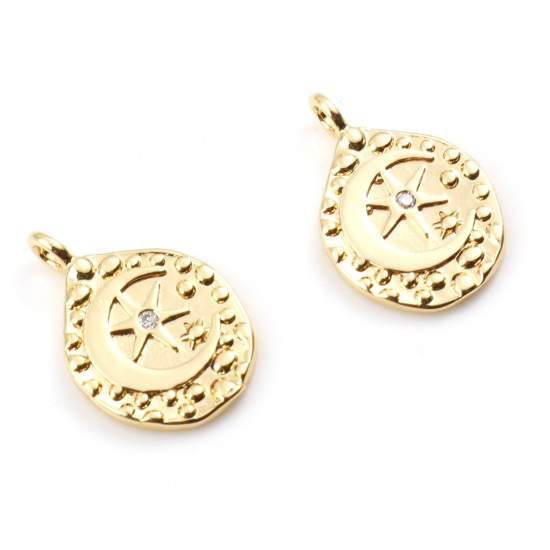 Image de Breloques Galaxie en Laiton Goutte d'Eau Plaqué Or Véritable Etoile à Zircone Cubique Clair 15mm x 10mm, 2 Pcs