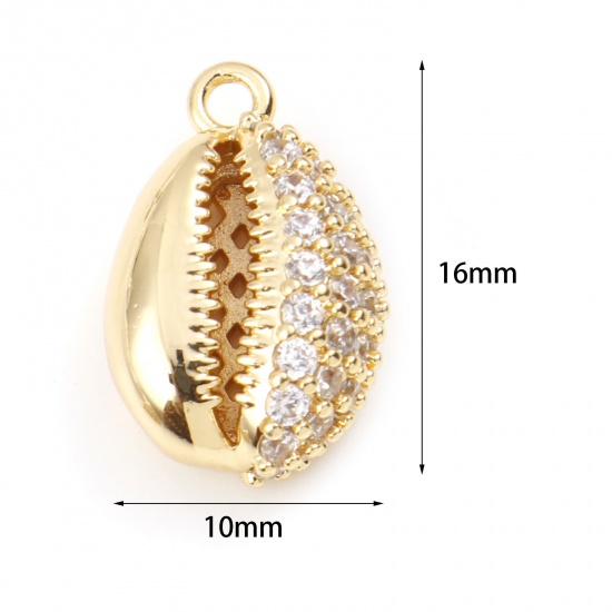 Picture of Brass Micro Pave Charms Shell Real Gold Plated Clear Cubic Zirconia 16mm x 10mm, 1 Piece