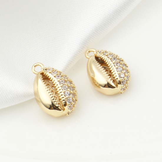 Picture of Brass Micro Pave Charms Shell Real Gold Plated Clear Cubic Zirconia 16mm x 10mm, 1 Piece