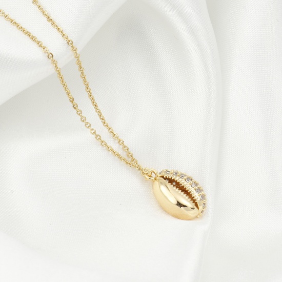 Picture of Brass Micro Pave Charms Shell Real Gold Plated Clear Cubic Zirconia 16mm x 10mm, 1 Piece