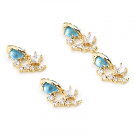 Brass Galaxy Connectors Real Gold Plated Star Universe Planet Blue Clear Cubic Zirconia 19mm x 11mm, 1 Piece