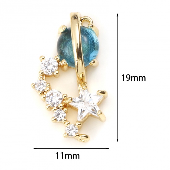 Picture of Brass Galaxy Connectors Real Gold Plated Star Universe Planet Blue Clear Cubic Zirconia 19mm x 11mm, 1 Piece