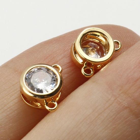 Picture of Brass Connectors Real Gold Plated Round Clear Cubic Zirconia 8mm x 6mm, 3 PCs