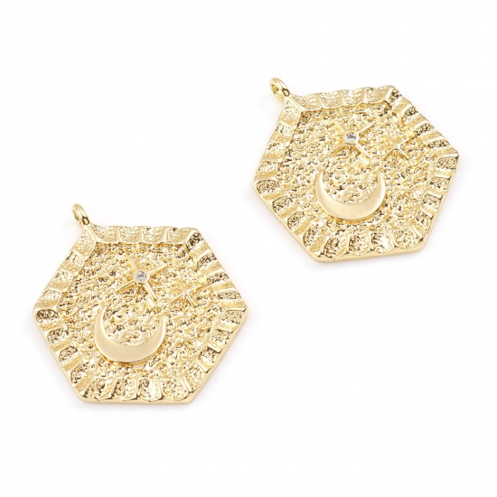 Immagine di Ottone Galassia Charms Esagono Vero Oro Placcato Luna Trasparente Cubic Zirconiae 25mm x 19mm, 2 Pz