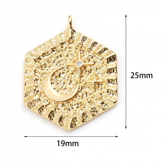 Immagine di Ottone Galassia Charms Esagono Vero Oro Placcato Luna Trasparente Cubic Zirconiae 25mm x 19mm, 2 Pz