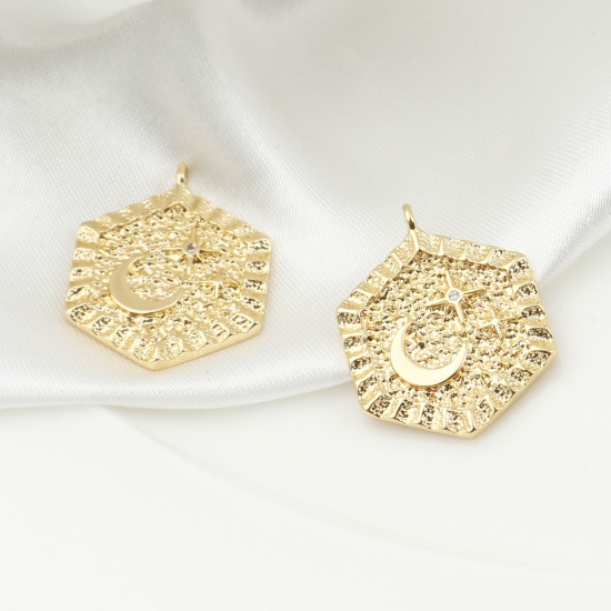 Immagine di Ottone Galassia Charms Esagono Vero Oro Placcato Luna Trasparente Cubic Zirconiae 25mm x 19mm, 2 Pz