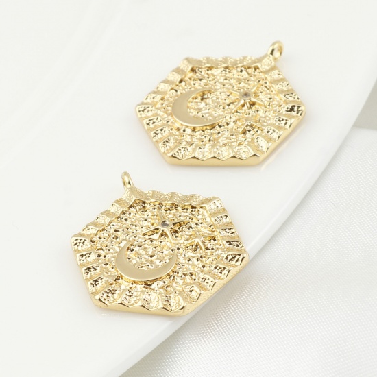 Immagine di Ottone Galassia Charms Esagono Vero Oro Placcato Luna Trasparente Cubic Zirconiae 25mm x 19mm, 2 Pz