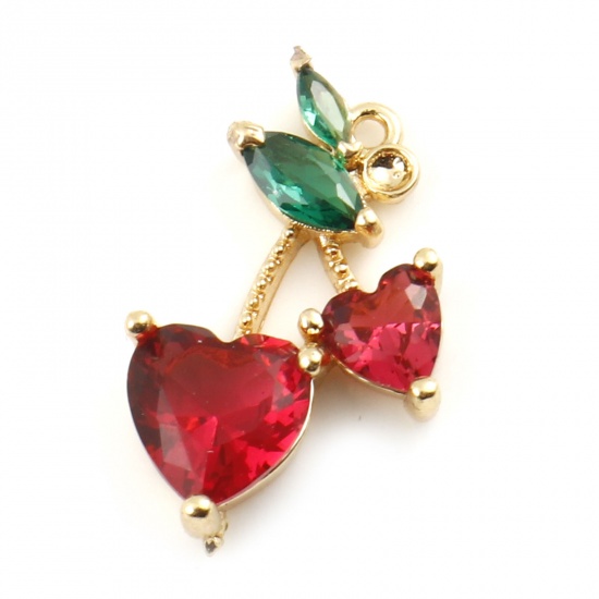 Picture of Copper Charms Cherry Fruit Real Gold Plated Red Cubic Zirconia 17mm x 10mm, 2 PCs