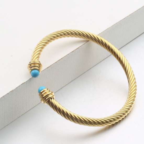 Picture of 316 Stainless Steel Open Cuff Bangles Bracelets Gold Plated Blue C Shape Imitation Turquoise 18.5cm(7 2/8") long, 1 Piece