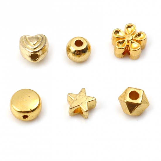 Immagine di Lega di Zinco Perline Geometrica Oro Placcato Fiore Scolpisce Circa 7x7mm - 4x4mm, Foro:Circa 0.8mm-1.5mm, 10 Seri (Circa 6 Pz)