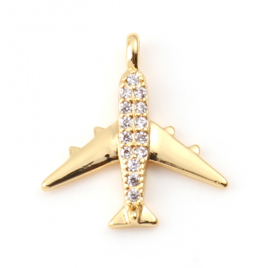Picture of Brass Micro Pave Charms Airplane Real Gold Plated Clear Cubic Zirconia 14mm x 13mm, 1 Piece                                                                                                                                                                   