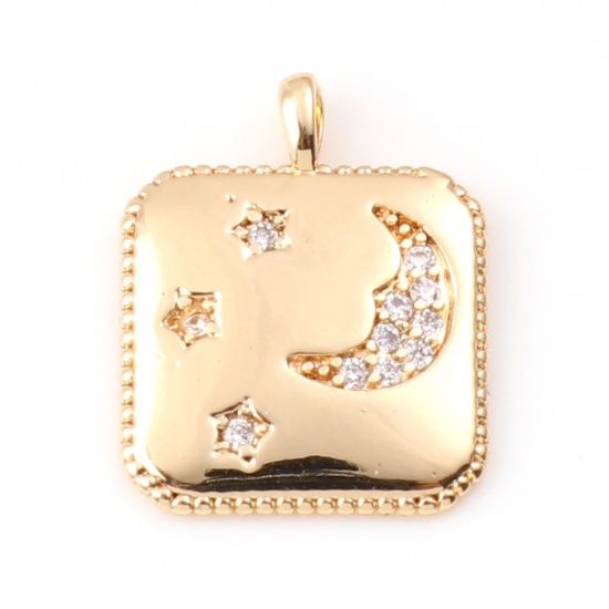 Picture of Brass Micro Pave Charms Square Real Gold Plated Moon Clear Cubic Zirconia 15mm x 12mm, 1 Piece                                                                                                                                                                