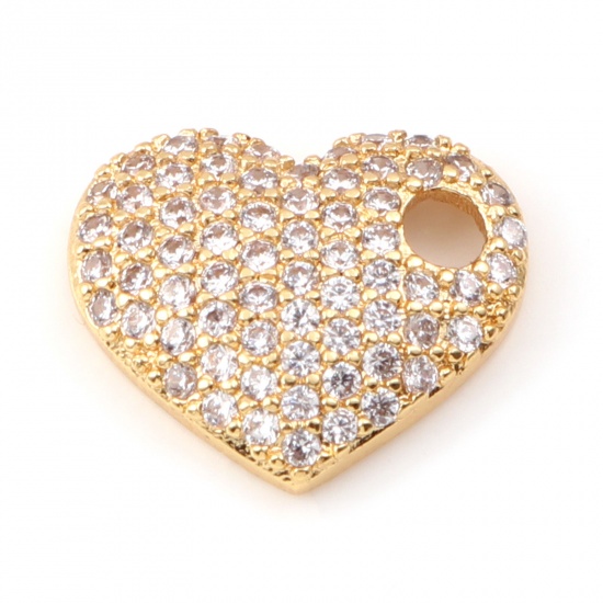 Picture of Brass Micro Pave Charms Heart Real Gold Plated Clear Cubic Zirconia 13mm x 11mm, 1 Piece                                                                                                                                                                      