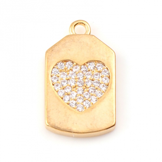 Picture of Brass Micro Pave Charms Pentagon Real Gold Plated Heart Clear Cubic Zirconia 17mm x 10mm, 1 Piece                                                                                                                                                             