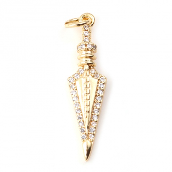 Picture of Brass Micro Pave Pendants Arrowhead Real Gold Plated Clear Cubic Zirconia 32mm x 7mm, 1 Piece                                                                                                                                                                 