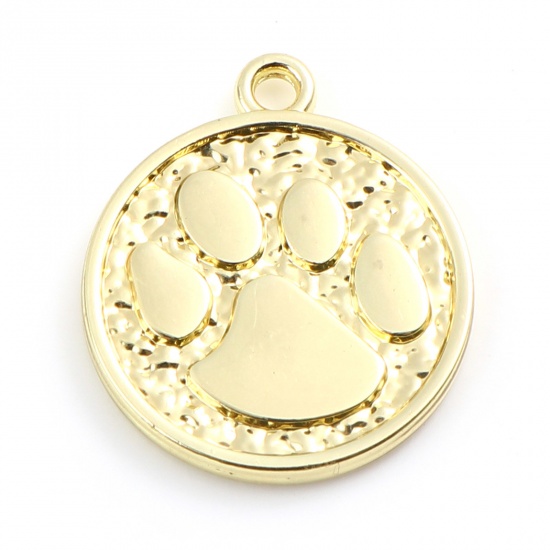 Picture of Zinc Based Alloy Pet Memorial Charms Round Gold Plated Paw Print Double Sided 22mm x 19mm, 5 PCs