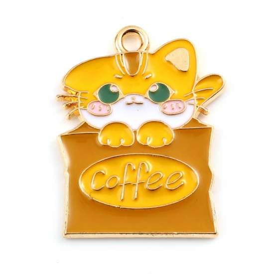 Picture of Zinc Based Alloy Charms Gold Plated Khaki Cat Enamel 25mm x 20mm, 5 PCs