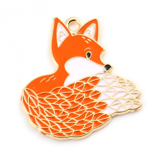 Picture of Zinc Based Alloy Charms Fox Animal Gold Plated Orange Enamel 28mm x 26mm, 5 PCs