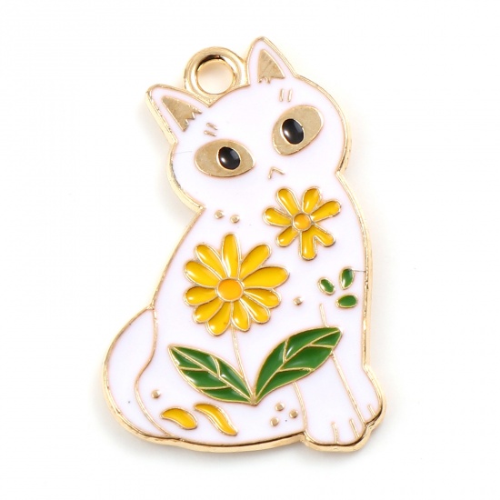Picture of Zinc Based Alloy Charms Cat Animal Gold Plated White Enamel 28mm x 18mm, 10 PCs