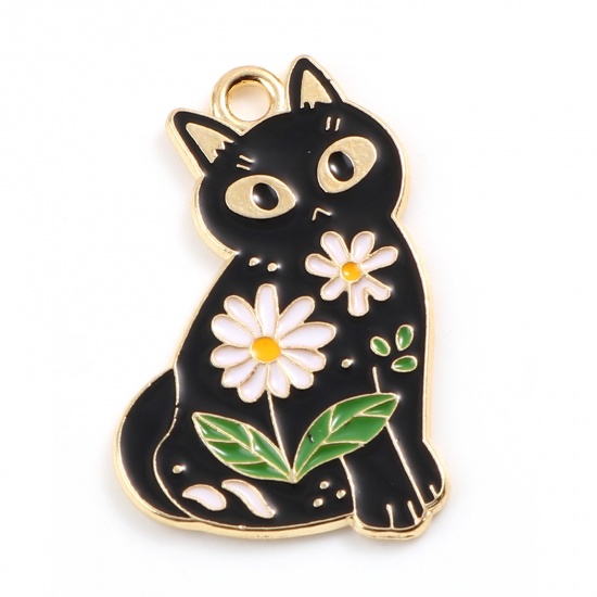 Picture of Zinc Based Alloy Charms Cat Animal Gold Plated Black Enamel 28mm x 18mm, 10 PCs