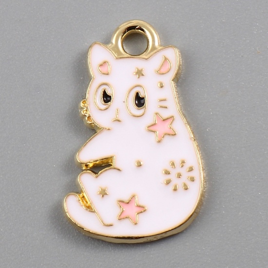 Picture of Zinc Based Alloy Charms Cat Animal Gold Plated White Enamel 20mm x 12mm, 10 PCs