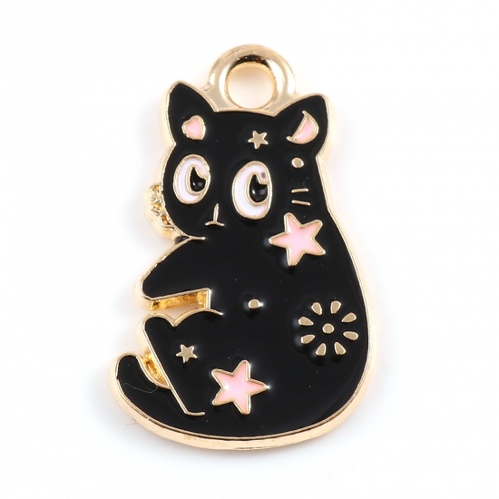 Picture of Zinc Based Alloy Charms Cat Animal Gold Plated Black Enamel 20mm x 12mm, 10 PCs