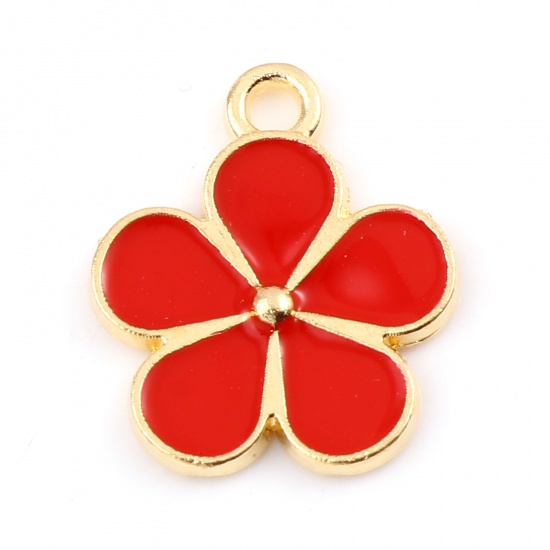 Picture of Zinc Based Alloy Charms Flower Gold Plated Red Enamel 16mm x 14mm, 20 PCs